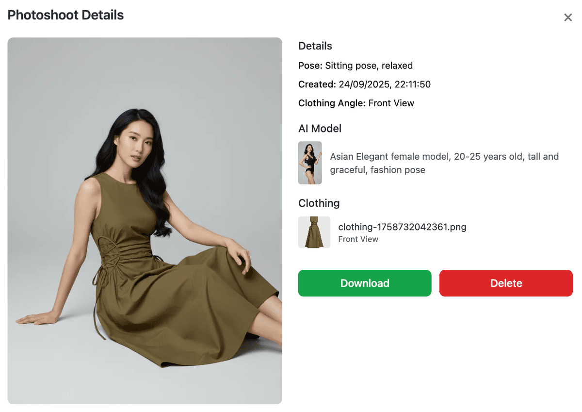 Step 4: Results & Download interface showing photoshoot details